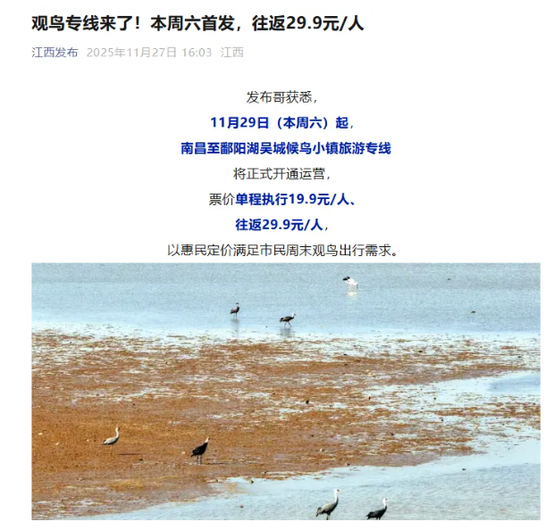 江西發(fā)布、南昌日報、洪觀新聞先后報道江西長運開通觀鳥旅游專線